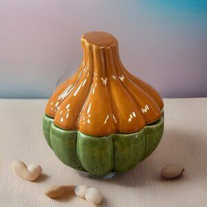 Whole Home Ceramic Pumpkin Gourd Serving Bowl With Lid Halloween Candy Dish 8”
